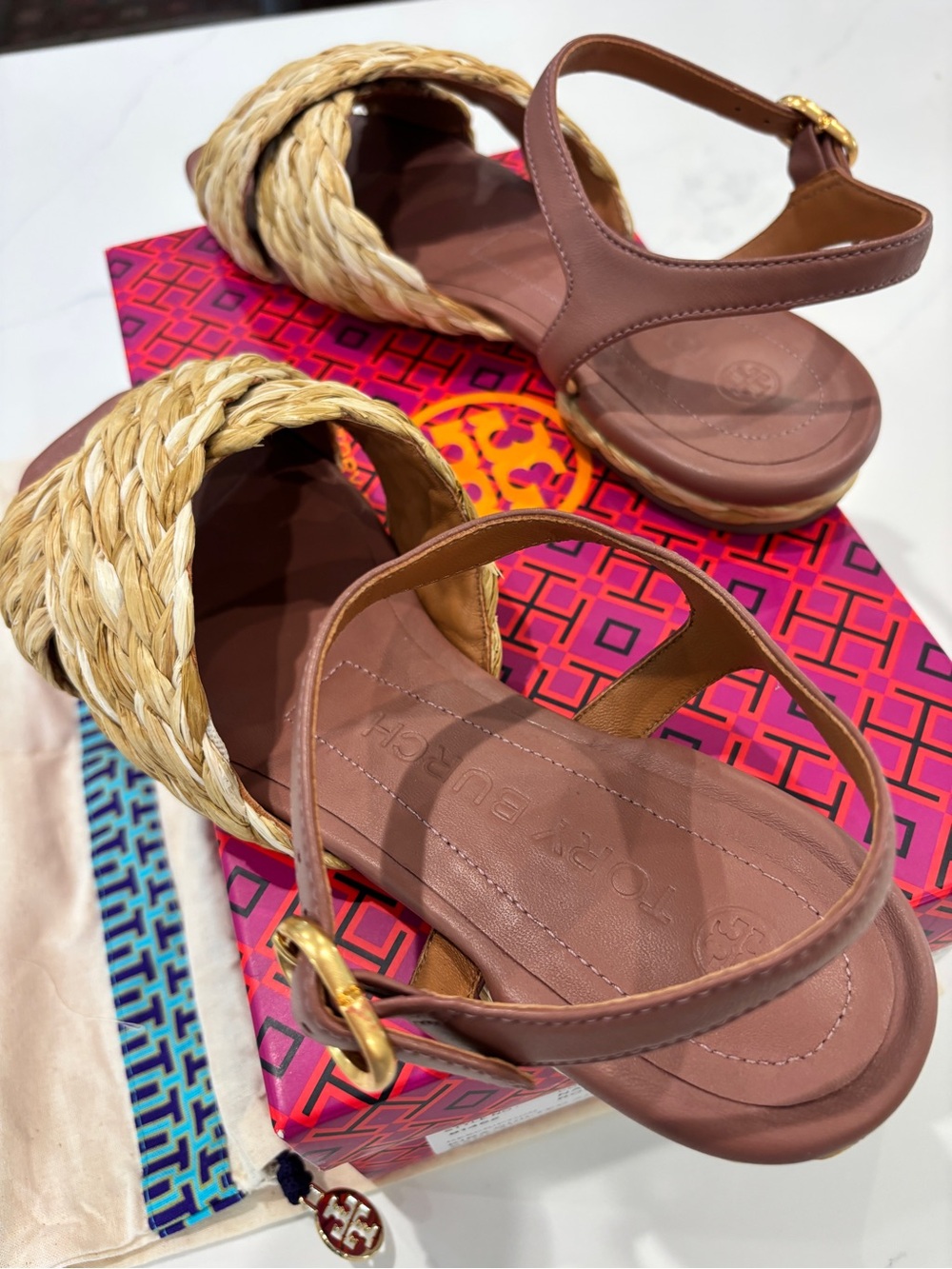 Tory Burch Kira Braided Raffia Slide Sandals with Mauve Leather Strap Size 8.5. - Picture 4 of 11